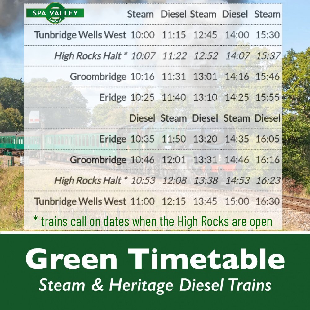 SpaVRofficial's tweet photo. Trains this week #HalfTerm
Wednesday 22nd &
Thursday 23rd October
Our Green timetable operates and trains WILL call at #HighRocks Halt
Visit us before we bring the season to a close this weekend with our #ModelBrick Show
ℹ️ https://t.co/wSORZ6mY8R https://t.co/vfgS2FuTMx