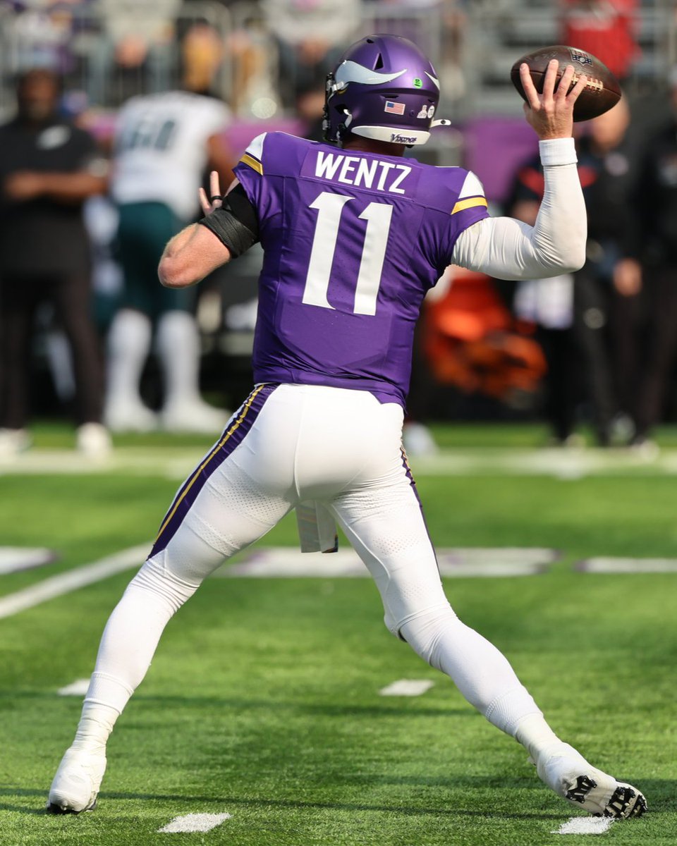 Vikings's tweet image. Head Coach Kevin O&apos;Connell has announced that Carson Wentz will start at QB for the #Vikings Thursday.