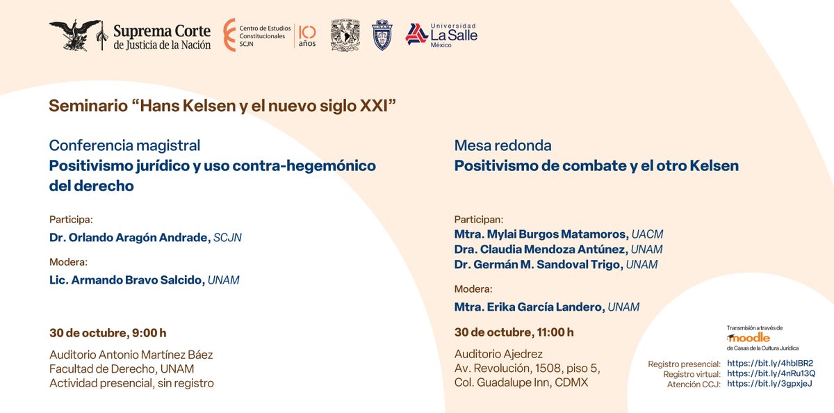 No te pierdas la mesa redonda "Positivismo de combate en el otro Kelsen" el próximo 30 de octubre.

🙋Registro presencial: bit.ly/4hbIBR2   
🖥️ Registro virtual: bit.ly/4nRu13Q   

En colaboración con <a href="/DerechoUNAMmx/">Facultad de Derecho</a>, <a href="/LaSalle_MX/">Universidad La Salle</a> y <a href="/CCJSCJN/">Casas de la Cultura Jurídica, SCJN</a>