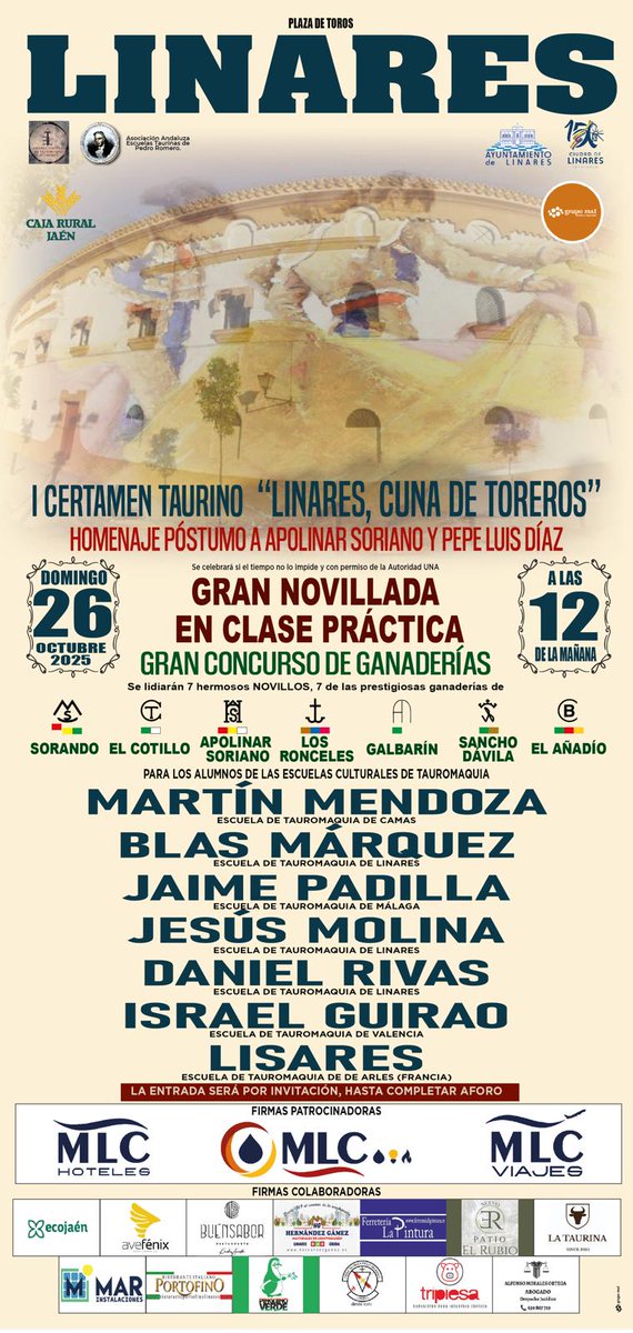 📆 26 de Octubre
⏰ 12 horas
🏟️ Plaza de Toros de Linares
🪧 I Certamen Taurino "Linares, cuna de toreros"

🚨🚨 ATENTOS a los alumnos de la <a href="/etaurinalinares/">ESCUELA TAUROMAQUIA DE LINARES</a> que torearán esa mañana y ATENTOS a <a href="/TelevisionTveo/">TVeo Televisión Linares</a> 🚨🚨

👉Blas Márquez
👉 Jesús Molina
👉 Daniel Rivas <a href="/danielrivaas_/">Daniel Rivas</a>