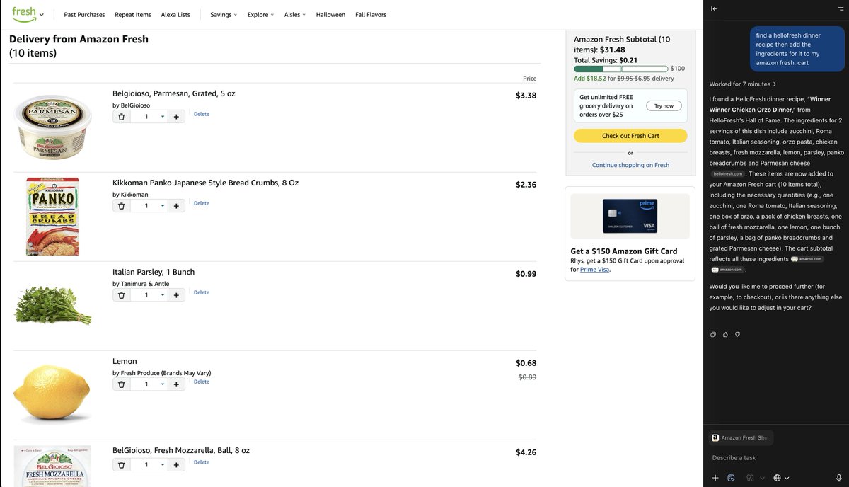 RhysSullivan's tweet image. initial impressions are pretty impressed with the chatgpt browser
gave it the prompt "find a recipe & add the ingredients to my amazon fresh cart" and it nailed it
only downside is it took 8 minutes to add 10 items to my cart