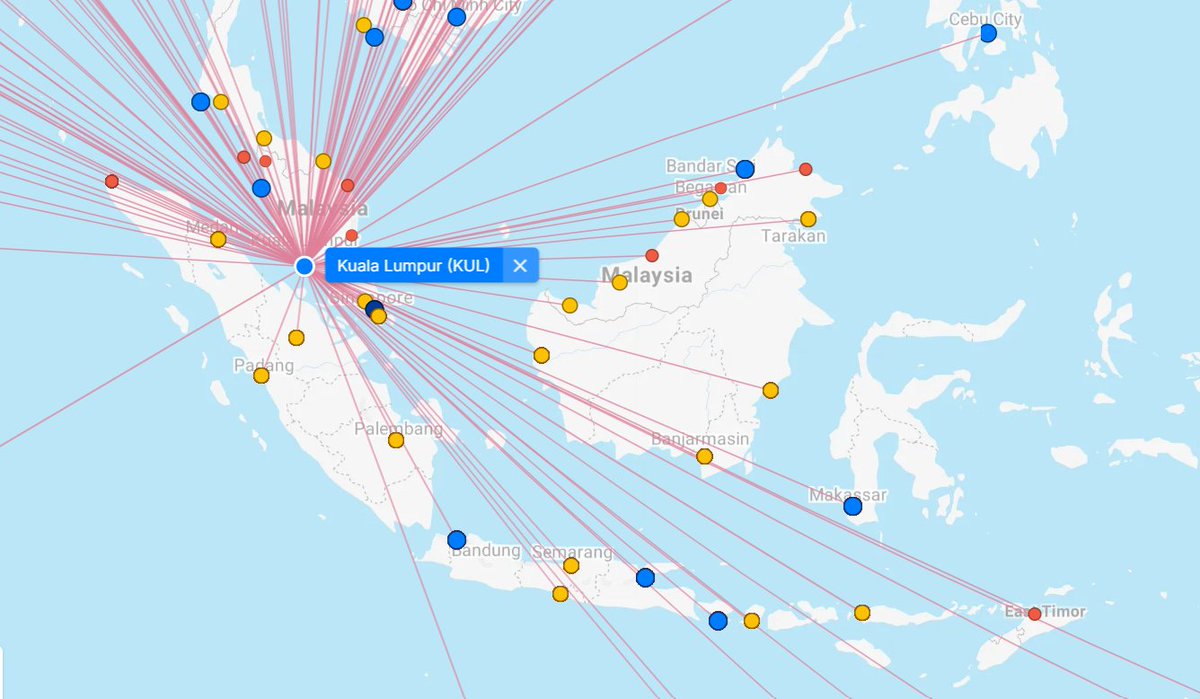 adepedia's tweet image. Kuala Lumpur per Oktober 2025 terhubung dengan kota2 di Indonesia: Banda Aceh, Medan, Padang, Pekanbaru, Batam, Palembang, Jakarta, Semarang, Yogyakarta, Surabaya, Denpasar, Labuhan Bajo, Pontianak, Balikpapan, dan Makassar.