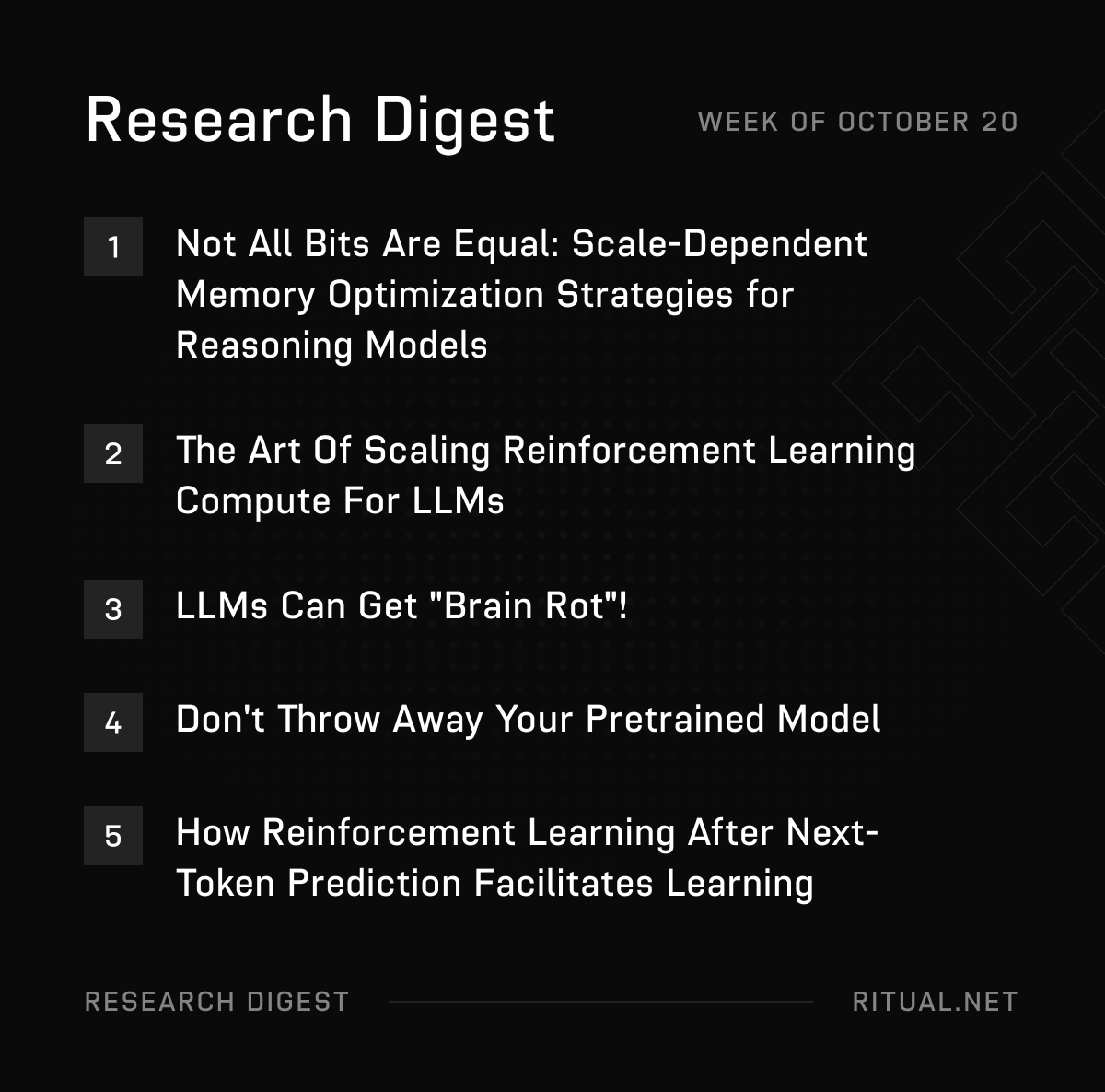 Here’s this week’s Ritual Research Digest, a newsletter covering the latest in the world of LLMs and the intersection of Crypto x AI.

With hundreds of papers published weekly, staying current with the latest is impossible. We do the reading so you don’t have to.