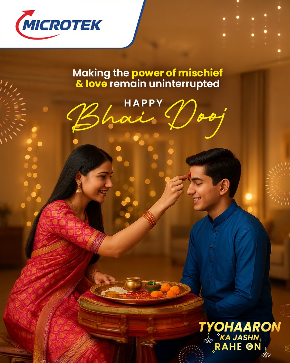 MicrotekOfcl's tweet image. This Bhai Dooj, celebrate every smile, every cheer, every little moment, making the power of mischief and love remain uninterrupted with Microtek. 🙏

#Microtek #TyohaaronKaJashnRaheOn #BhaiDooj
