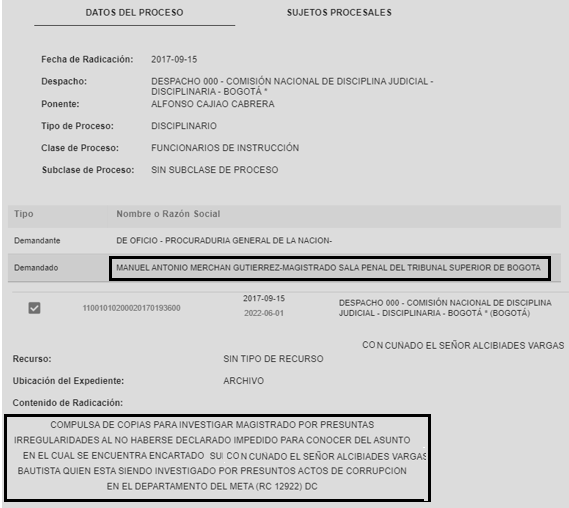 JuanPoe's tweet image. !Atención! El magistrado Manuel Merchán Gutiérrez que absolvió a Uribe, es concuñado del magistrado Alcibiades Vargas Bautista condenado por recibir sobornos del narcotráfico. Merchán le declaró unas pruebas ilegales en su proceso. Sus hermanos han estado en la Fiscalía. Hilo👇