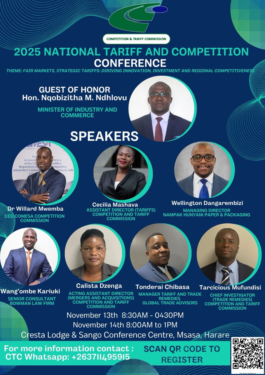 CTCZimbabwe's tweet image. The Inaugural National Tariff and Competition Conference is set for the 13th-14th of November 2025 at Cresta Lodge and Sango Conference Centre, Msasa, Harare.  Secure your spot today. Register here: forms.gle/dhNxuadG6b8X56……