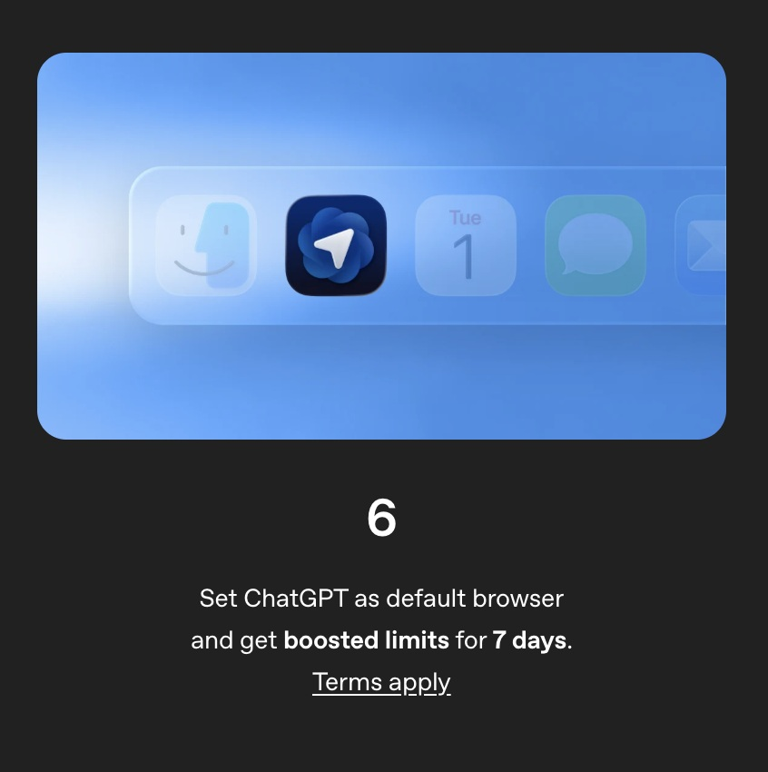 Weplash⚡️ (@weplash) on Twitter photo Dato: si configuras ChatGPT Atlas como tu navegador predeterminado, OpenAI te da límites aumentados por 7 días.
P.S.: solo aplica si lo usas dentro de Atlas (no en chatgpt(.)com), y vuelve a la normalidad después del periodo. Dato: si configuras ChatGPT Atlas como tu navegador predeterminado, OpenAI te da límites aumentados por 7 días.
P.S.: solo aplica si lo usas dentro de Atlas (no en chatgpt(.)com), y vuelve a la normalidad después del periodo.