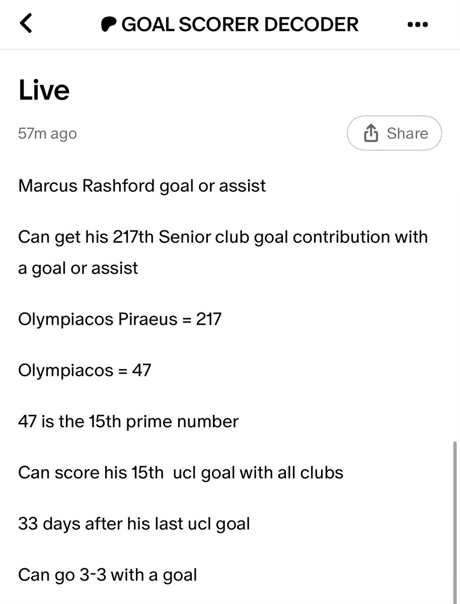 JamaicanDecoder's tweet image. Marcus Rashford goal or assist
Can get his 217th Senior club goal contribution with a goal or assist
Olympiacos Piraeus = 217
Olympiacos = 47
47 is the 15th prime number
Can score his 15th ucl goal with all clubs
33 days after his last ucl goal
Can go 3-3 with a goal