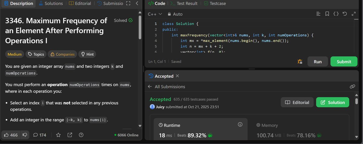 Juicy____1's tweet image. 👀 Day 16 of #100DaysOfDSAwithJuicy_2
📌 Q: Max Frequency After Operations
💡 Make elements “best friends” by adding ±k, but only numOperations can join the party. Sort + sliding window finds the biggest clique!
#leetcode #100DaysOfCode #Greedy #SlidingWindow