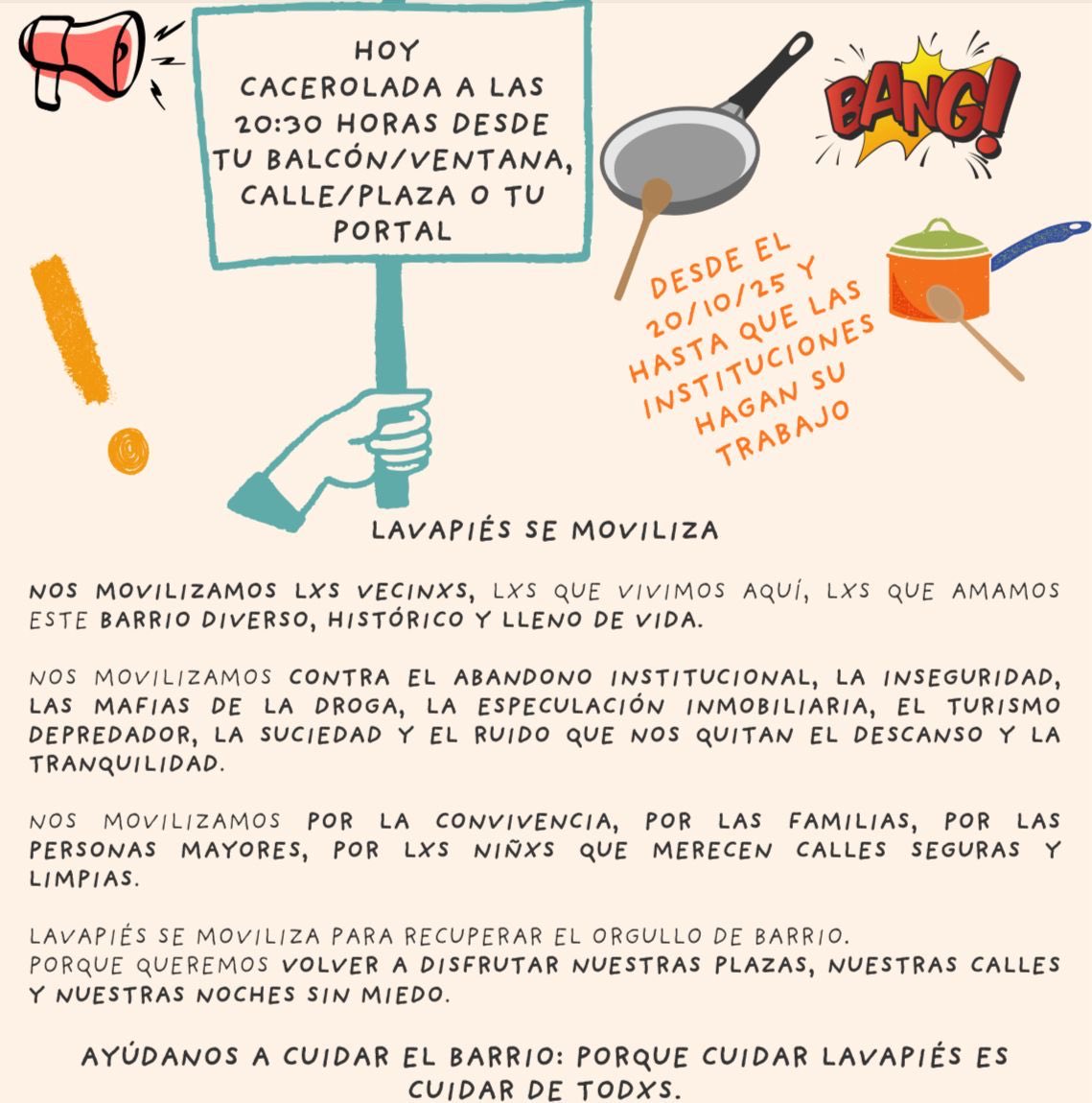 Porque  a la instituciones les resulta tan cómodo abandonar a lavapies? <a href="/seguragc/">Carlos Segura</a> <a href="/policiademadrid/">Policía Municipal de Madrid</a> <a href="/policia/">Policía Nacional</a> <a href="/DGobiernoMadrid/">Delegación del Gobierno en Madrid 🏛️</a>

HORRIBILUS TAPAPIES 
Los vecinos denuncian
Hagamos una cacerola , a las 20,30 horas