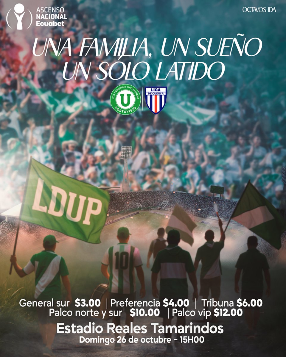 LDUPoficial's tweet photo. Este domingo, todos al Reales por el sueño que nos une.💚🤍
En familia, con fe, con el corazón en verde y blanco.
#LDUP vs #LigadeCuenca
🎟️ Entradas en https://t.co/37RDoAv4hS
📍 Estadio Reales Tamarindos – 15H00
#LDUP2025 #VamosLiga #FamiliaVerdiblanca https://t.co/ozW1Wz76II