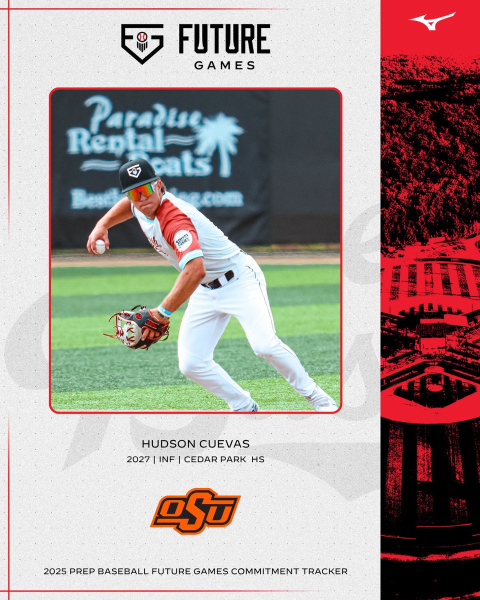 #𝐏𝐁𝐅𝐆𝟐𝟓: 𝐂𝐨𝐦𝐦𝐢𝐭𝐦𝐞𝐧𝐭 𝐔𝐩𝐝𝐚𝐭𝐞 👏 

+ '27 INF Hudson Cuevas (<a href="/HudsonCuevas24/">Hudson Cuevas</a> | <a href="/CedarParkBSBL/">Cedar Park Baseball</a>) has committed to <a href="/OSUBaseball/">OSU Cowboy Baseball</a> 

Cuevas represented Texas at the 2025 Prep Baseball Future Games as a member of Team South Texas.
<a href="/prepbaseball/">Prep Baseball</a>

👤: