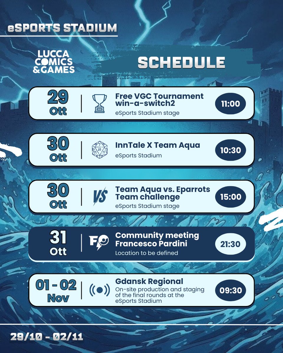 Lucca Comics, we're coming. 🌊

VGC is getting more popular than ever, and together with <a href="/PGEsportsIT/">PG Esports</a>  we're bringing it to the next level.

Take a look at our event calendar.⬇️