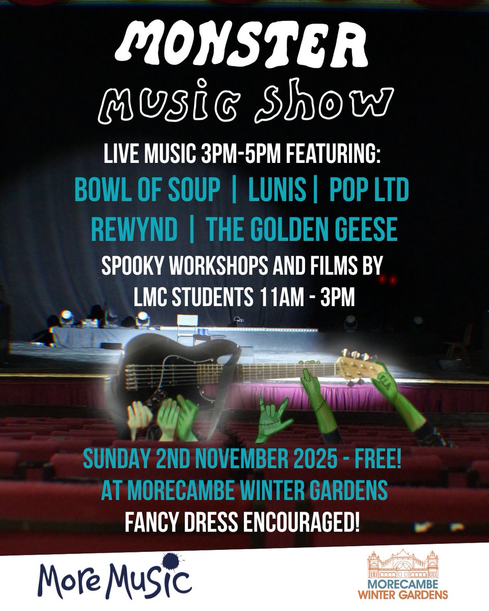 MorecambeWG's tweet photo. On Sunday 2nd November, LM College will be curating a schedule of Spooky Season entertainment with a Monster Concert from More Music, ensuring a spectacular finale for all ages. 3pm-5pm. Come in fancy dress!
#MorecambeWinterGardens #morecambebay #beyondradio #MoreMusic #LMCollege https://t.co/C68S9KosdT