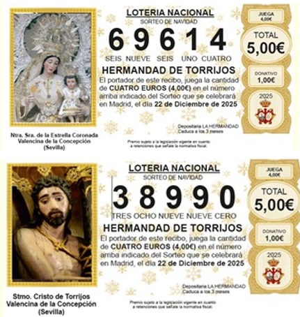 HdadTorrijos's tweet image. LOTERIA DE NAVIDAD 2025:Ya están a la venta en los establecimientos de la localidad y en nuestra Casa Hermandad los Martes y Jueves en horario de 19:30 h a 21:30 h, las participaciones de la lotería de Navidad con la imagen de la Santísima Virgen de la Estrella Coronada!