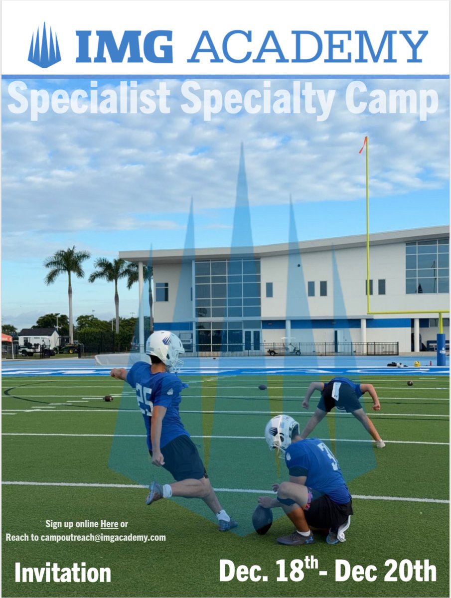 🎯 Specialist Camp at IMG Academy
Kickers, punters &amp; long snappers — refine your craft with elite coaching this winter.

📅 Dec 18–20 | Bradenton, FL
👉 imgacademy.com/sport-camps/fo…

<a href="/IMGAFootball/">IMG Academy Football</a> #BROTHERHOOD