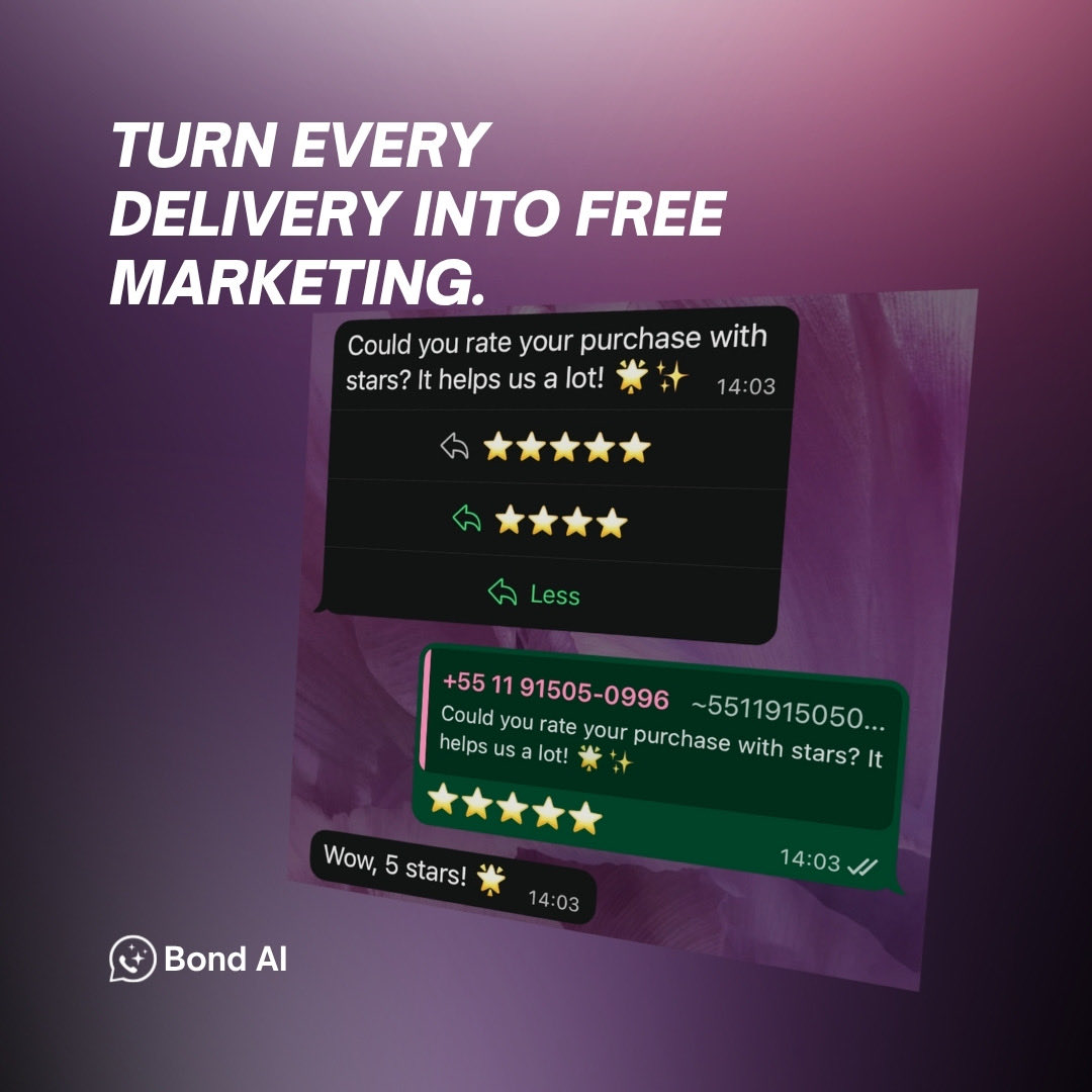 bondagent_ai's tweet photo. 💬 Every delivery is a new chance to delight — and sell again.
With Bond AI, your customers rate you directly on WhatsApp ⭐ and become your best marketing tool.
#Shopify #EcommerceBrazil #Automation #CustomerExperience #DigitalMarketing https://t.co/Sqxv9w4HQu
