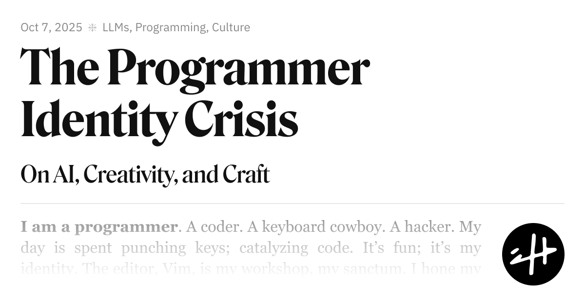 hackernewstop5's tweet image. The Programmer Identity Crisis #HackerNews
hojberg.xyz/the-programmer…