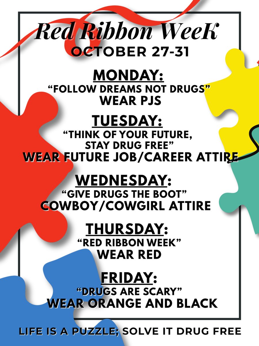 ❤️ Next week is Red Ribbon Week!
🧩 "Life is a puzzle; solve it DRUG FREE"