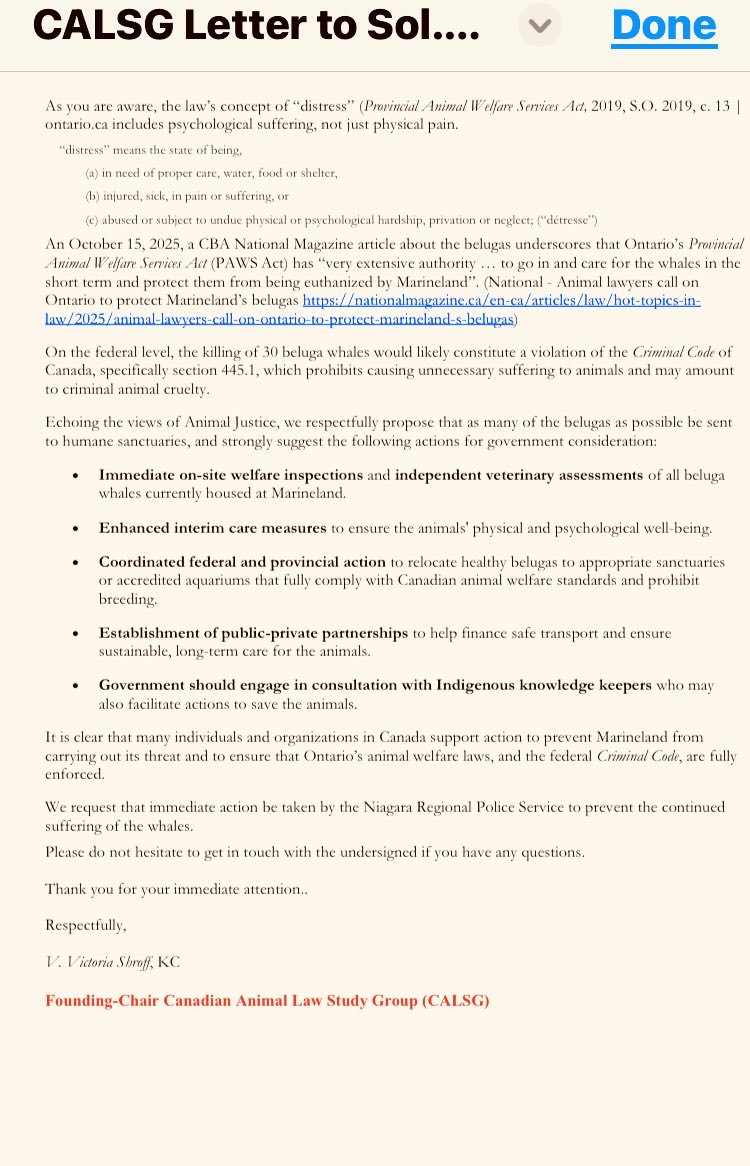The Canadian Animal Law Study Group ⁦<a href="/CdnAnimalLawSG/">CanadianAnimalLawStudyGroup</a>⁩ wrote to Ontario’s Hon.Solicitor General urging action for the #belugas ⚖️🐋 held at #Marineland 
⁦<a href="/ONsafety/">Ministry of the Solicitor General</a>⁩ @mppkerzner
#Canpoli