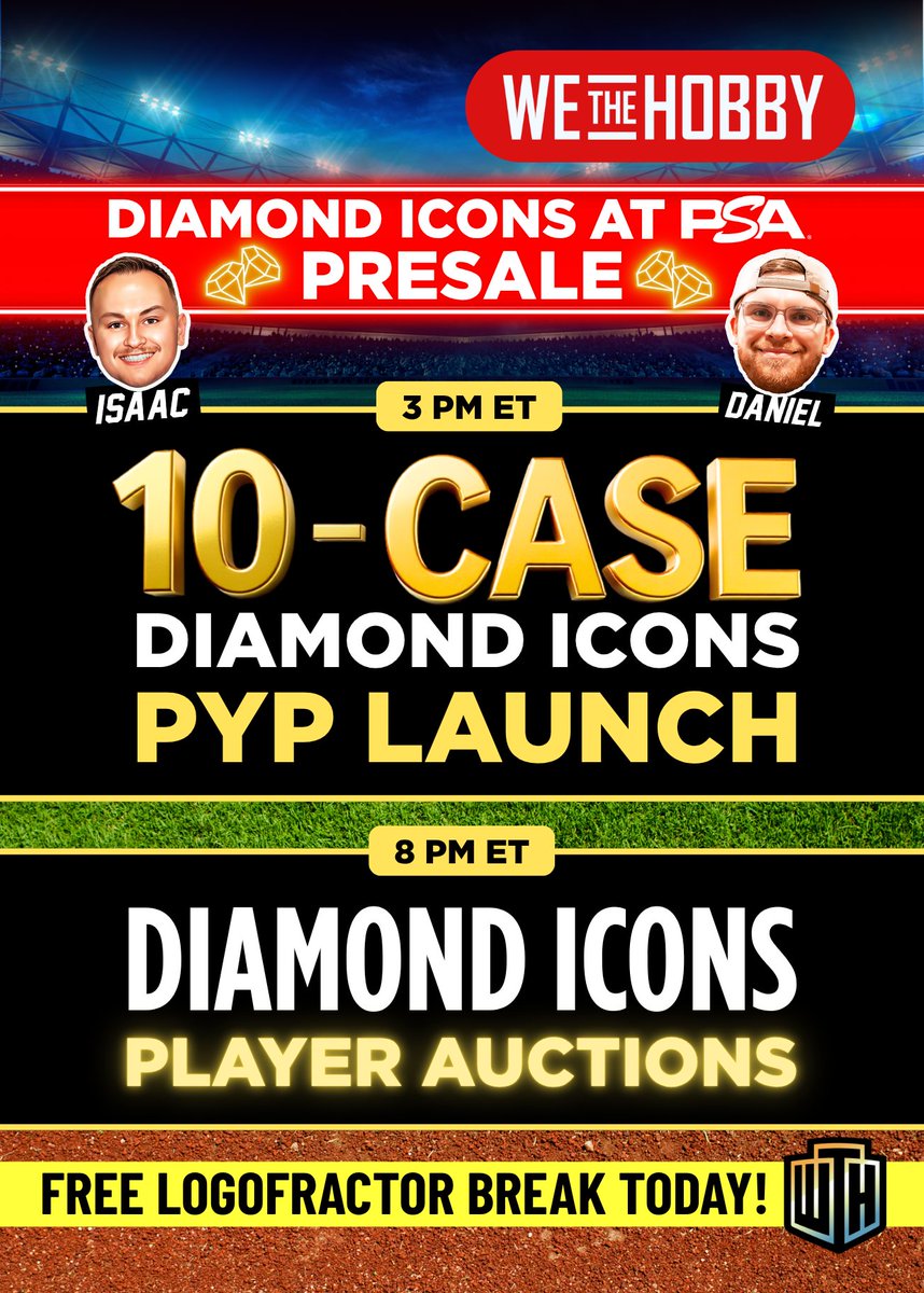 SPOTS ARE LIVE AT 3 PM ET FOR OUR 10-CASE DIAMOND ICONS PYP!  

ALL AHEAD OF TOMORROW’S FREE GRADING EVENT LIVE AT PSA — WE’LL BE RIPPING THERE! 

 LOCK IN YOUR PLAYERS BEFORE THEY'RE GONE

➡️ fanatics.live/shows/b07be03e…