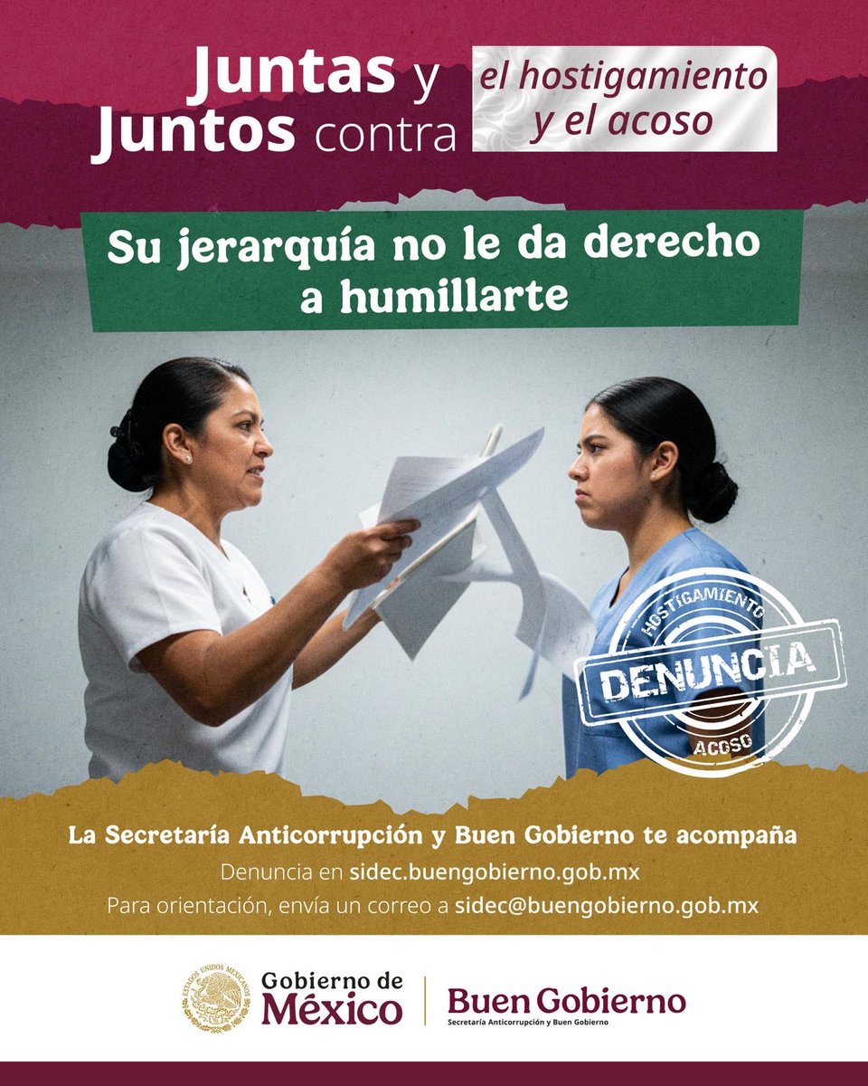 DGEMexico's tweet image. Su cargo no le otorga el derecho de hostigar, acosar, abusar o humillar.

Denuncia hoy en el #SIDEC 👉🏽 sidec.buengobierno.gob.mx

#ContraHostigamientoyAcoso
#NoEsNormal