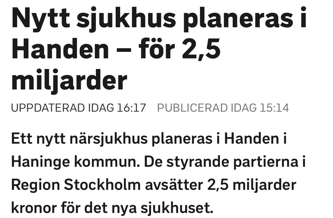 Medan högerregeringen pressar sjukvården på knä, fortsätter vi socialdemokrater i Region Stockholm att sätta vården först.

Vi öronmärker 2,5 miljarder kr för ett nytt närsjukhus i Haninge – för en starkare, mer robust sjukvård där fler patienter får hjälp i tid och efter behov.