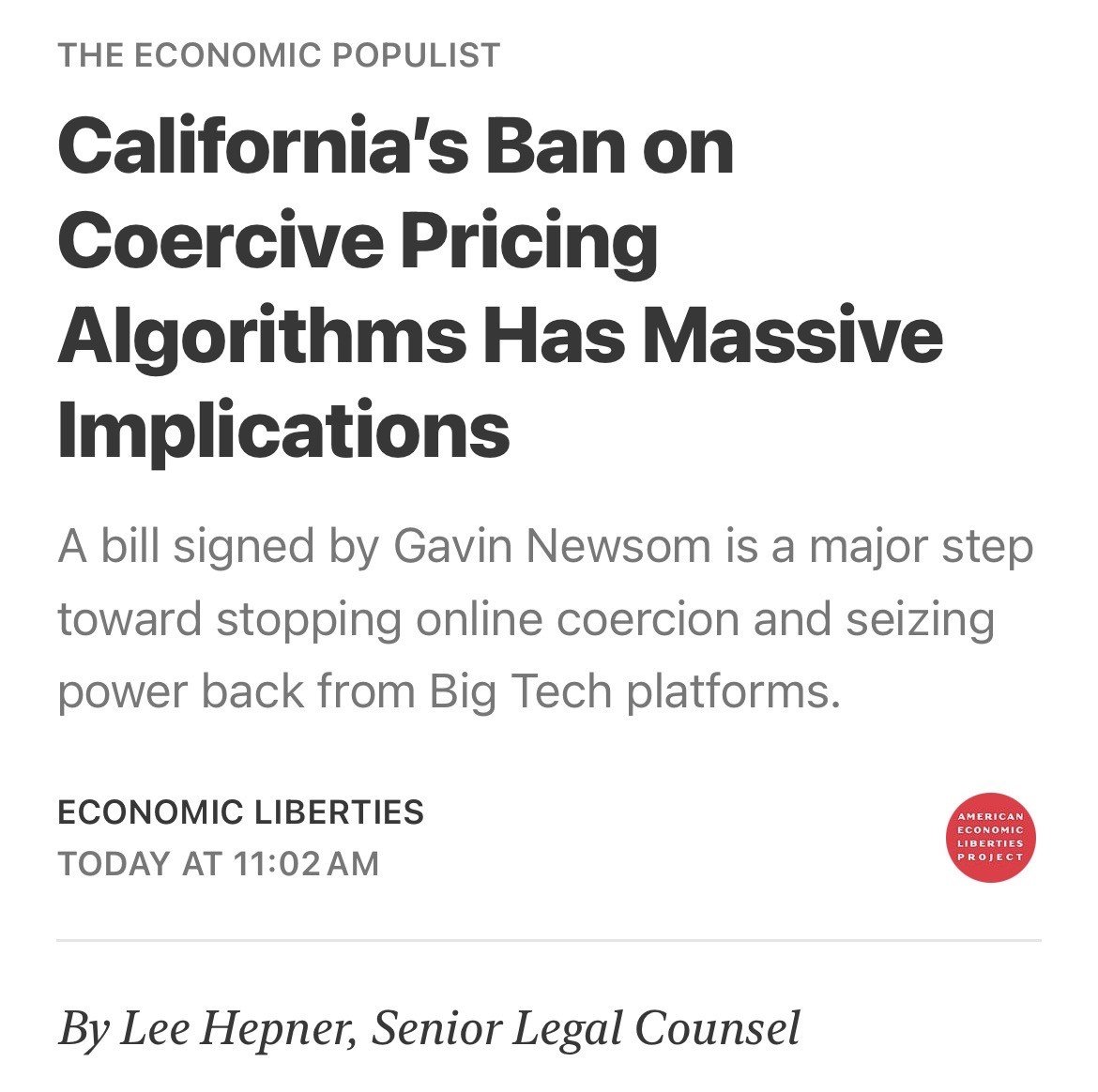 LeeHepner's tweet photo. I have a piece up at Economic Populist about California's new ban on coercive pricing algorithms.

The new state law rejects federal precedents that have thwarted enforcement against market rigging algorithms.

The implications for tech platforms are vast. https://t.co/kD261l90F1 https://t.co/g85dX5qLmR