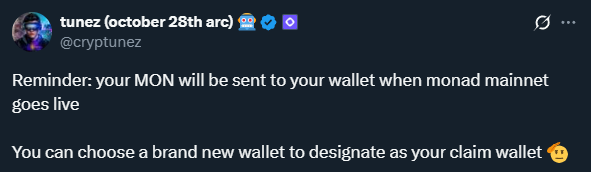 BREAKING: MON will be airdropped directly to wallets on mainnet

This is huge for safety and privacy.

Means you can set your airdrop wallet to a fresh wallet, and $MON tokens will be airdropped there without you ever connecting that wallet anywhere.

Very cool move by Monad.