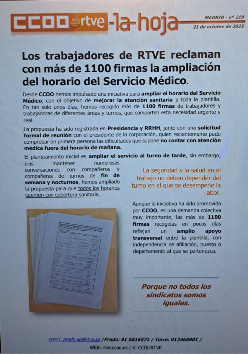 Más de 1000 firmas piden ampliar el horario del servicio médico. La seguridad y la salud no pueden depender del turno en el que se trabaje. Hemos solicitado una reunión con el presidente de la corporación. extra.rtve.es/ccoo/jahojaMad…