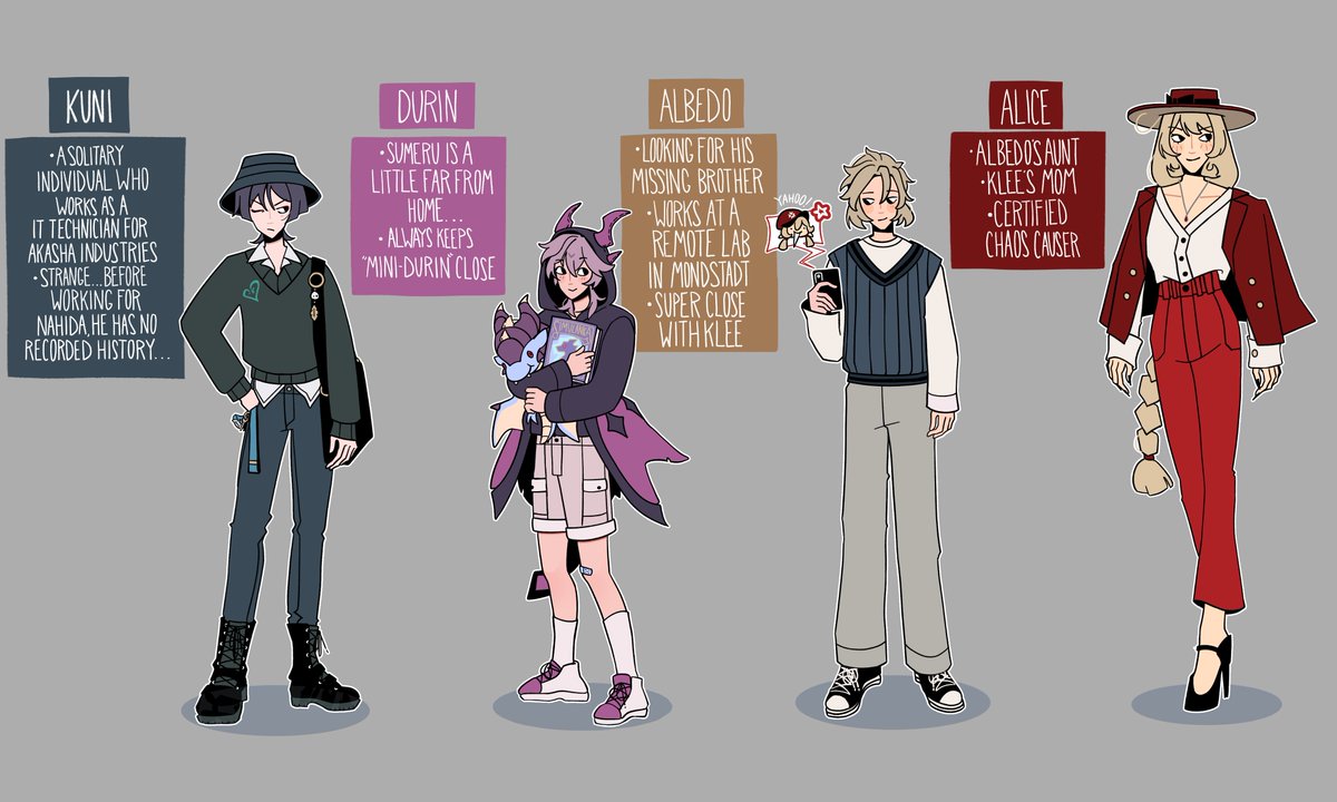 AracanthusDraws's tweet image. Here&apos;s the ref sheets I made for everyone appearing in part 1! Plus a few tidbits for modern au shennanigans, hehe