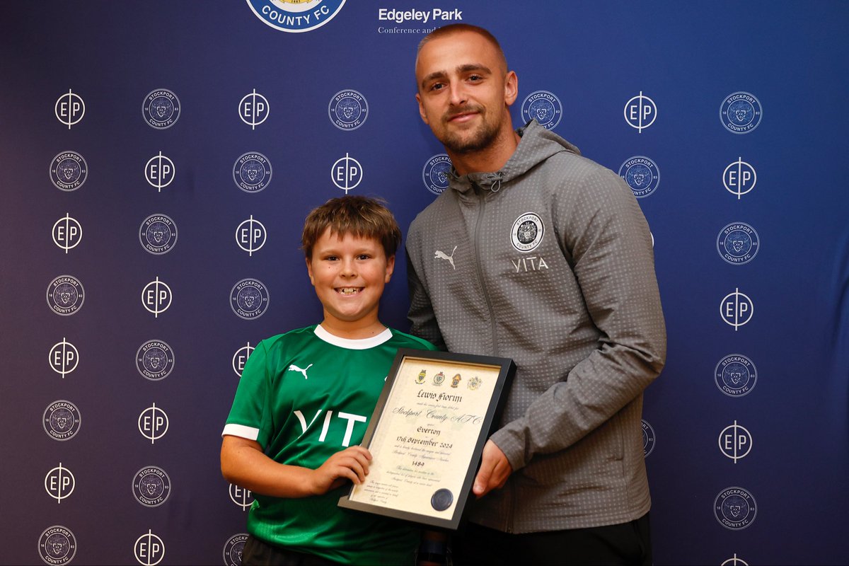 Lewis Fiorini received his SCAN certificate at Edgeley Park on the 13/9/25. #StockportCounty  Photo: Mike Petch.