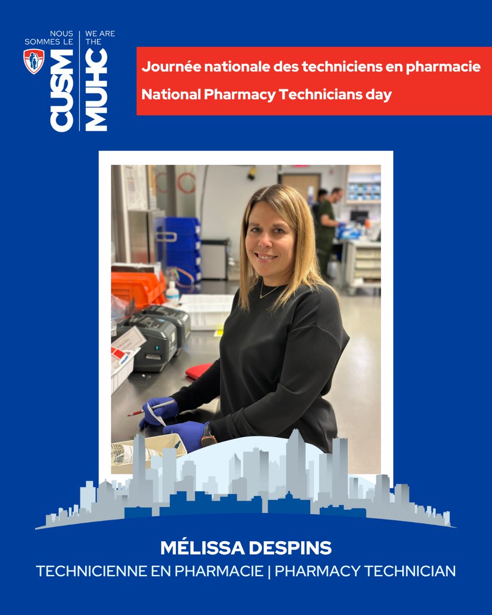 cusm_muhc's tweet image. 💙 C’est la Journée nationale des techniciens en pharmacie !
Les techniciens en pharmacie jouent un rôle essentiel dans le circuit du médicament. Ils assurent le contrôle de la qualité à chaque étape, du moment où le médicament quitte la pharmacie centrale jusqu’à son arrivée…