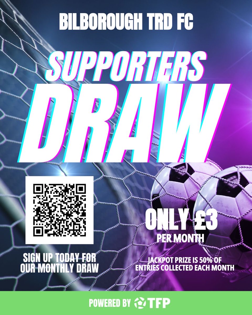 📅 First draw: 30 November 2025
🎟 Sign up here: app.teamfeepay.com/s/3ZZ2RASeJO
📣 Winner announced monthly on our socials!

#SupportLocalFootball #5050Draw #GrassrootsGoals #BilboroughTRDDraw