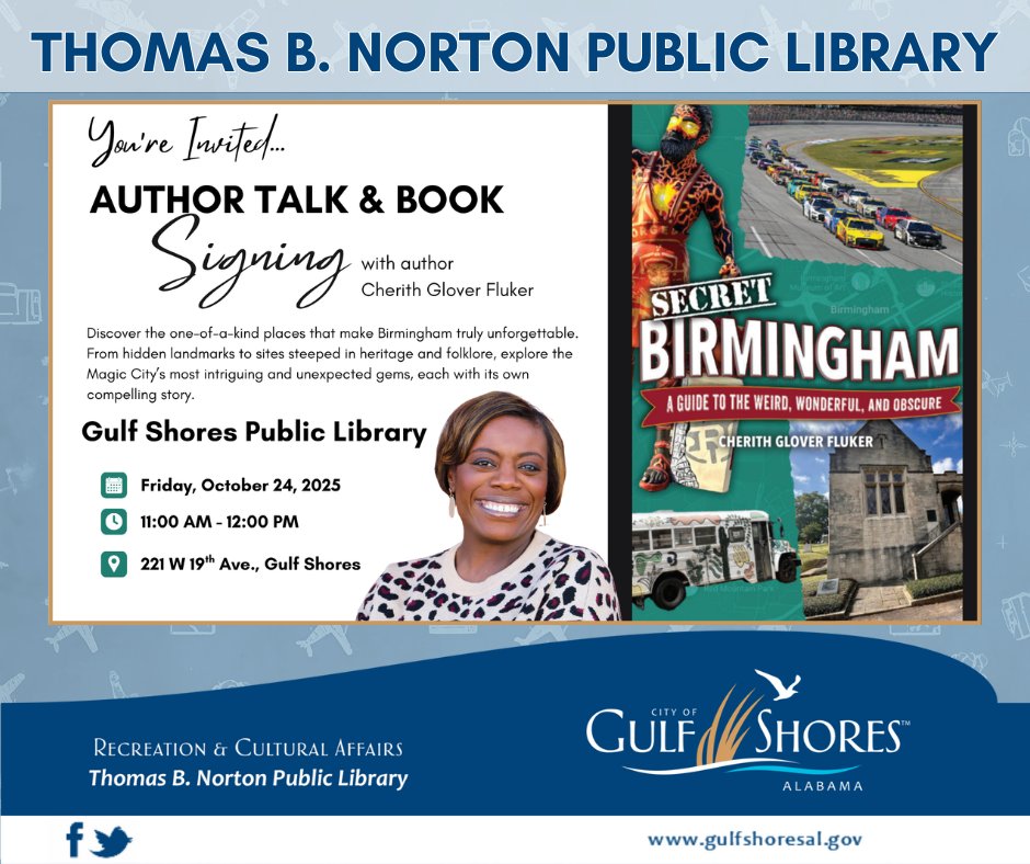 TBNortonLibrary's tweet image. Get ready to uncover the secrets of the Magic City with Alabama author Cherith Fluker!  She will be here to discuss her book, &quot;Secret Birmingham.&quot; Join us to hear about the weird, wonderful, and obscure history of Birmingham.