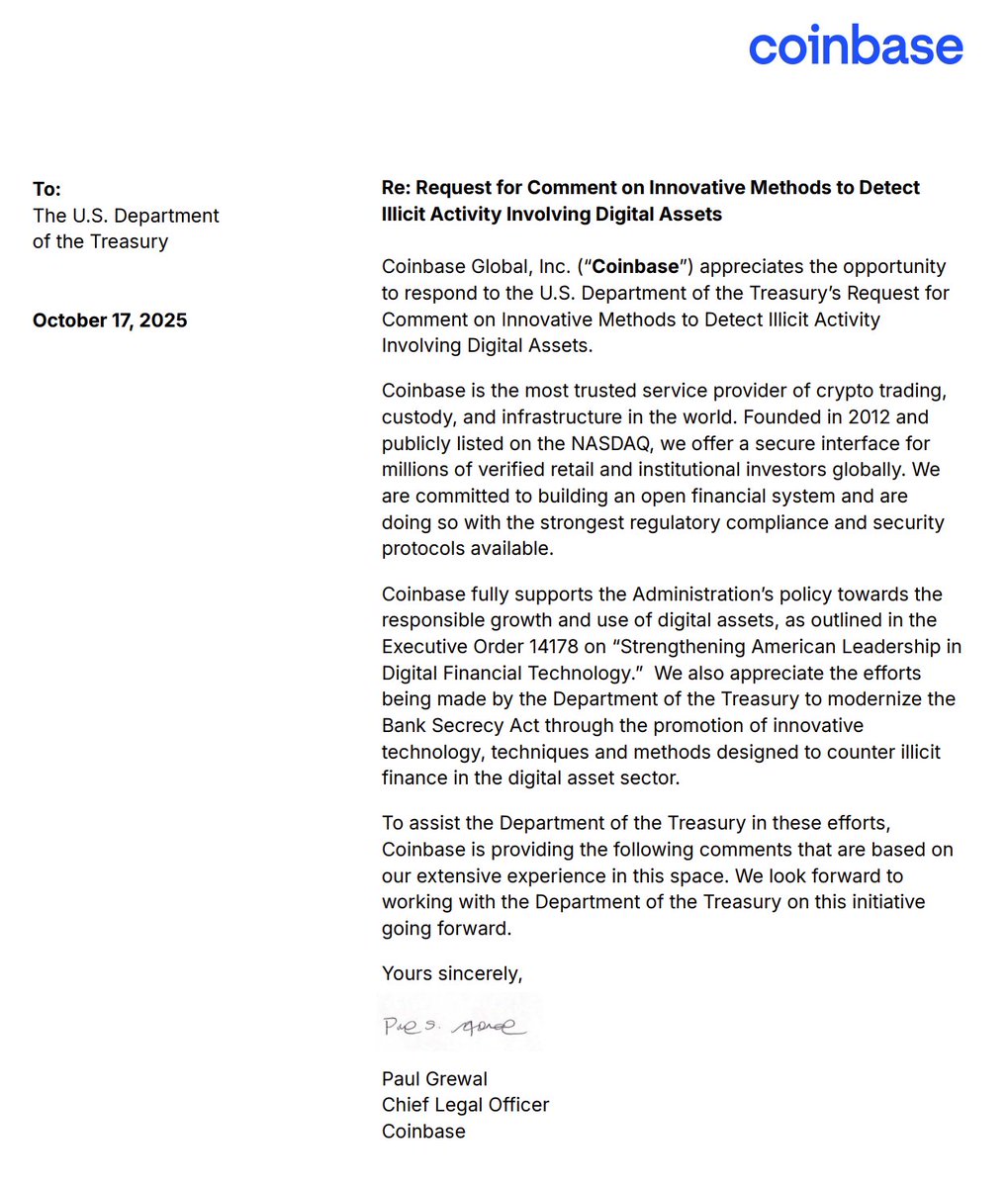 Coinbase letter to US Treasury