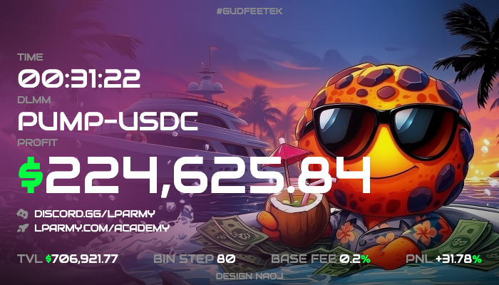 Meteora DLMM이 PUMP-USDC 페어에서 기록한 $224K 이익 스크린샷