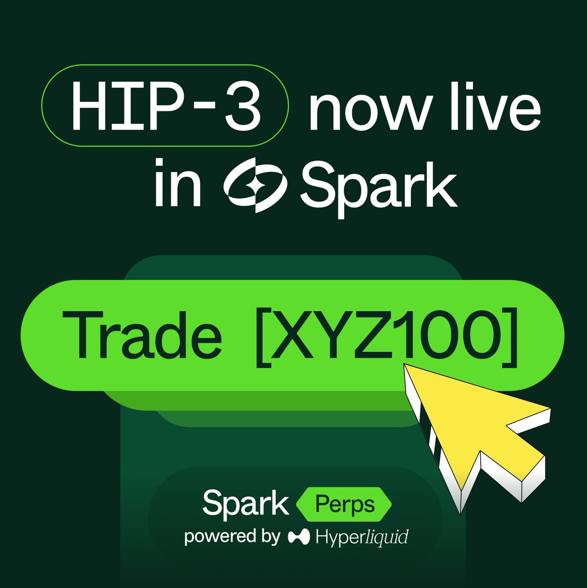 tryspark's tweet image. HIP-3 is live in Spark.
Trade any builder-deployed perps market on @HyperliquidX, as soon as it's live. No new accounts, no bridging.
Start today with XYZ US 100, @tradeperps' index of the top 100 non-financial US companies.
Every market, one terminal: Spark ⚡️