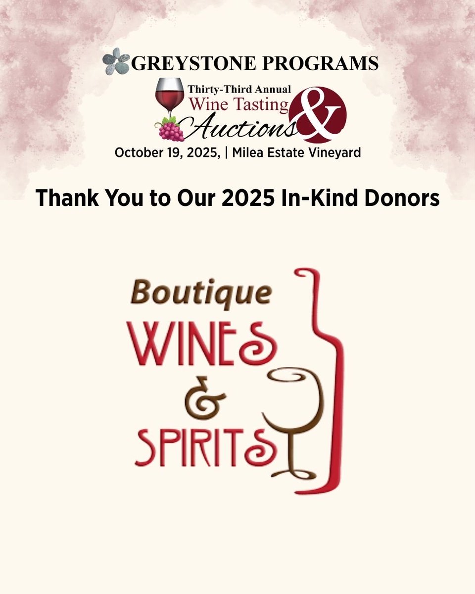 GreystonePrgrms's tweet image. Thank you to our generous in-kind donors whose contributions helped make the 33rd Annual Wine Tasting and Auctions an extraordinary day.

#GreystonePrograms