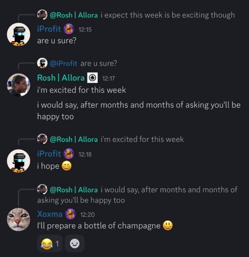 OKAY EVERYONE STAY CALM

i am not calm

<a href="/AlloraNetwork/">Allora</a> TGE announcement coming THIS WEEK or NEXT

the team basically confirmed the timeline

10k+ BTC predictions at 53% accuracy IN TESTNET

first mover in self-improving decentralized AI

Korean CT already loading up

DO THE MATH