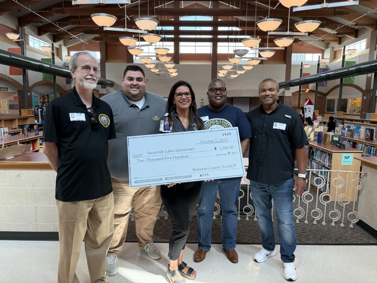 Talk about COMMUNITY support. Today the Brazoria County NAACP donated $2500 to support the students at Savannah Lakes Elementary. We are so grateful for their contributions and commitment to our community! #SLE #SLESuns #Readytogrow