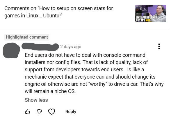 TechLab_UK's tweet image. Some of the comments you get on content featuring Linux are unreal.

sudo apt install mangohud

That was it.  Its not hard.