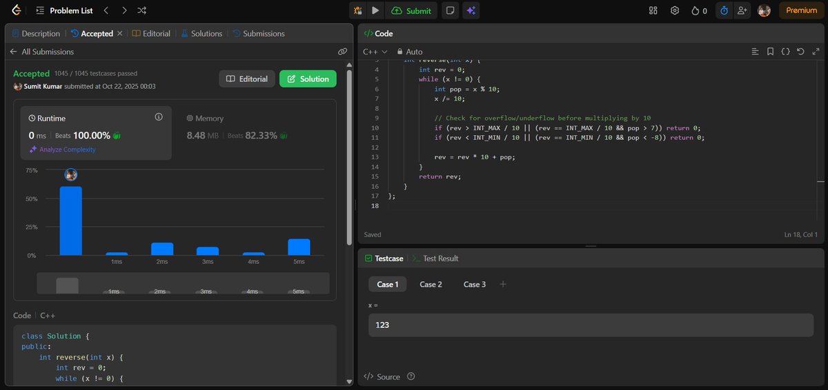 AIDev_Sumit's tweet image. 🧠 Day 90 of #100DaysOfCode
🔢 Problem: Reverse Integer
Given a 32-bit signed integer x, return its digits reversed.
Return 0 if it overflows the 32-bit range.
💻 C++ | Runtime: 0ms | Beats 100% 🚀
#LeetCode #Cplusplus #Coding