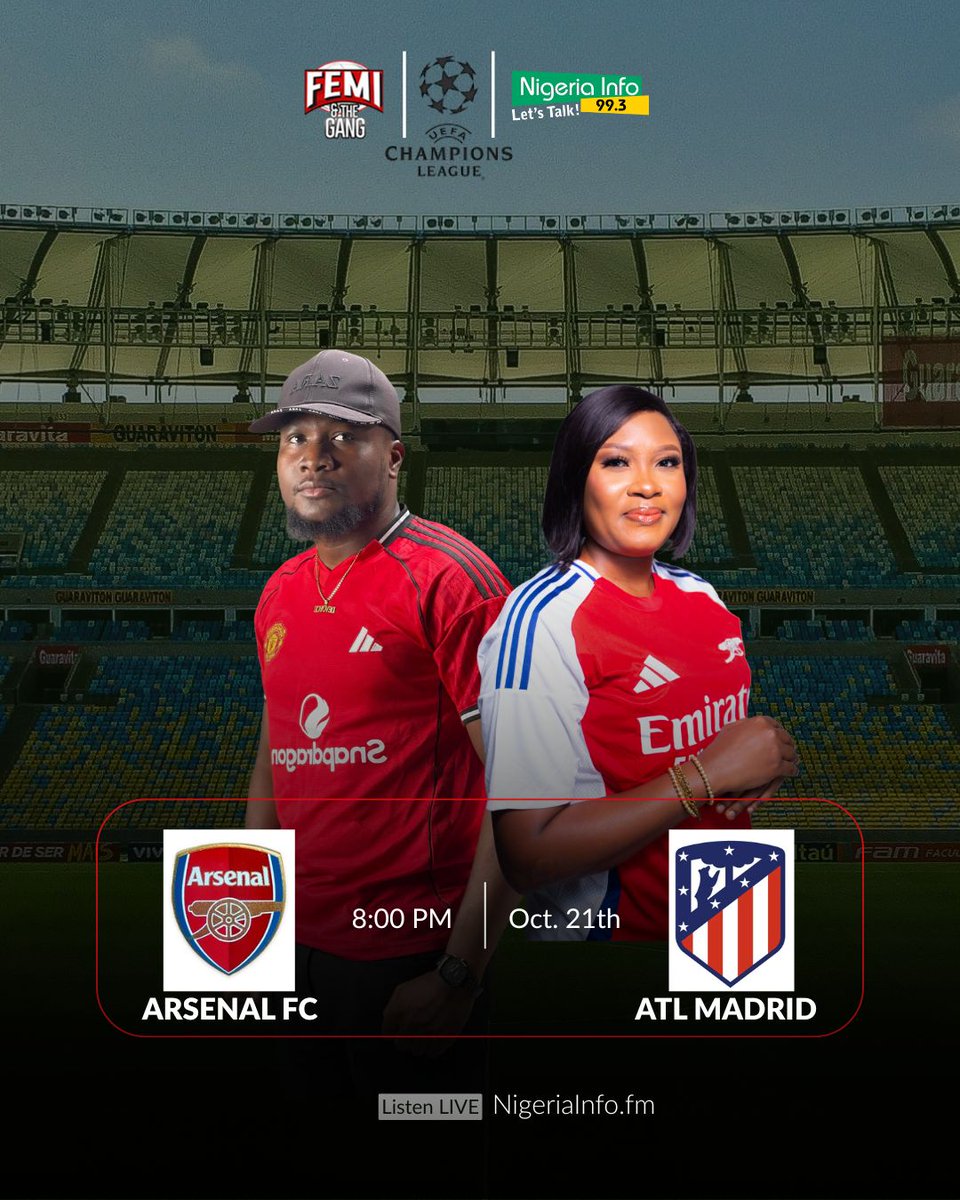 ARS 🔴 vs ⚪️ ATL

#UCL returns as Atletico travel to the Emirates against Arsenal. Both teams are in good form &amp; we'll see if Arsenal can breakdown the defensive doggedness of Atl. Madrid.

Live:📻 nigeriainfo.fm/lagos 

<a href="/devoyceofgod/">DEVOYCE</a> &amp; <a href="/Adaeze_michael/">Adaeze Michael</a> on commentary.

#ARSATL