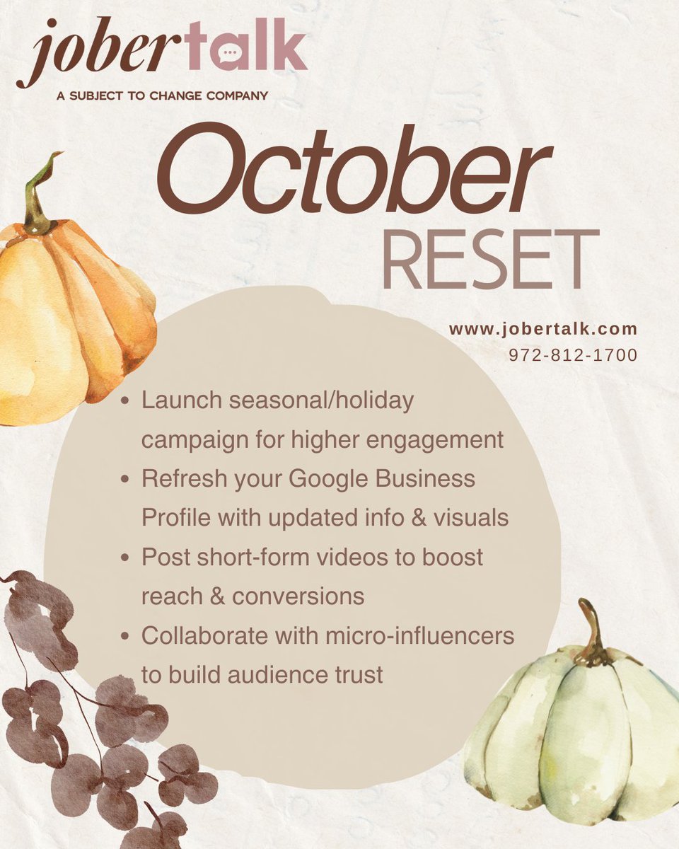 JoberTalk's tweet photo. It’s October reset season at JoberTalk! 🍁🍂

Our team is aligning SEO content, social media strategy and brand storytelling to help businesses boost visibility and results this month. It's time to refocus and refresh strategies In Q4. 
#Marketing #digitalmarketing #socialmedia https://t.co/Jwn1nooUti