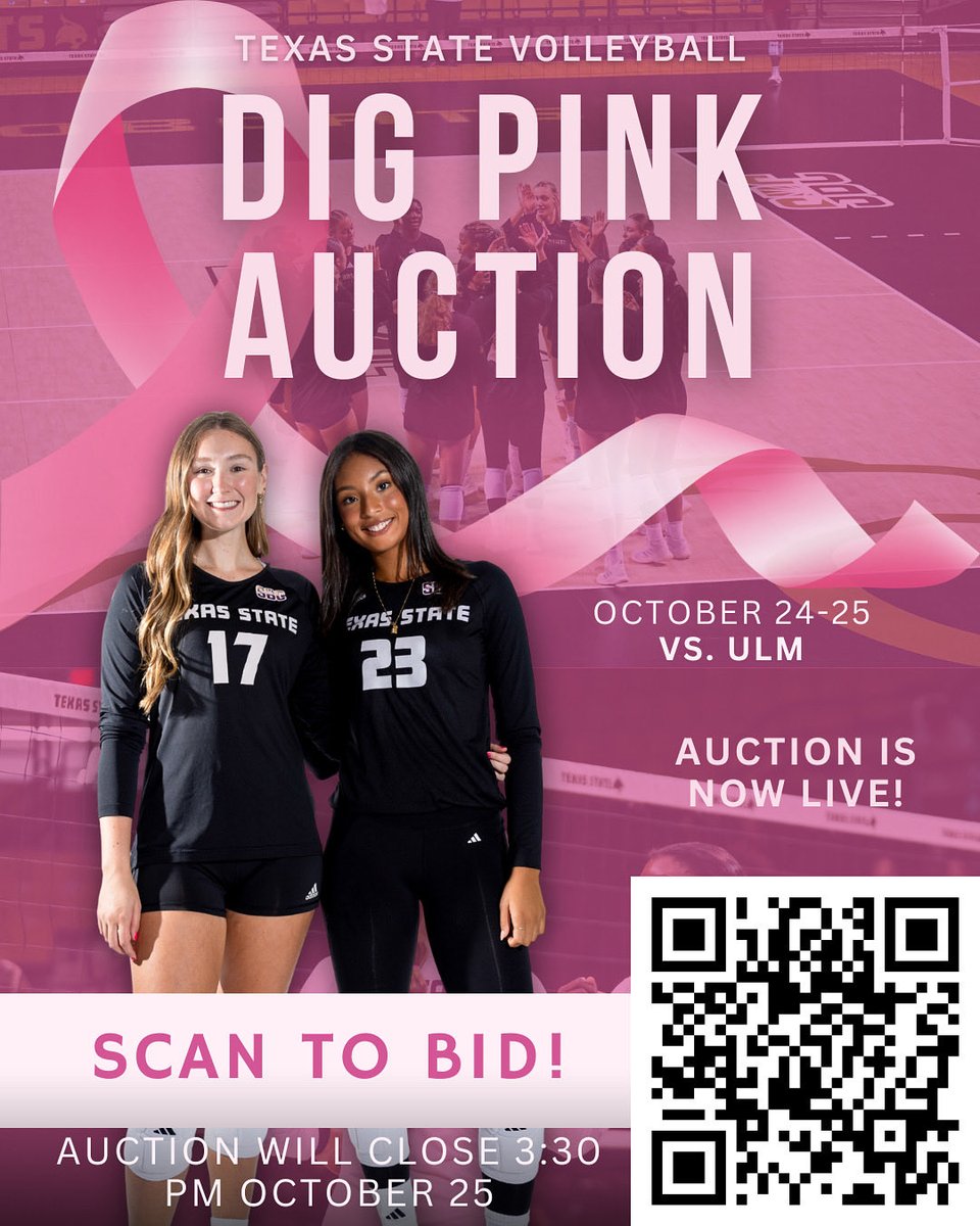 Our annual Dig Pink Auction is LIVE! Bid on TXST volleyball baskets to support metastatic breast cancer research with <a href="/SideOutFndn/">Side-Out Foundation</a>. Ends Saturday at 3:30PM. 🏐🩷