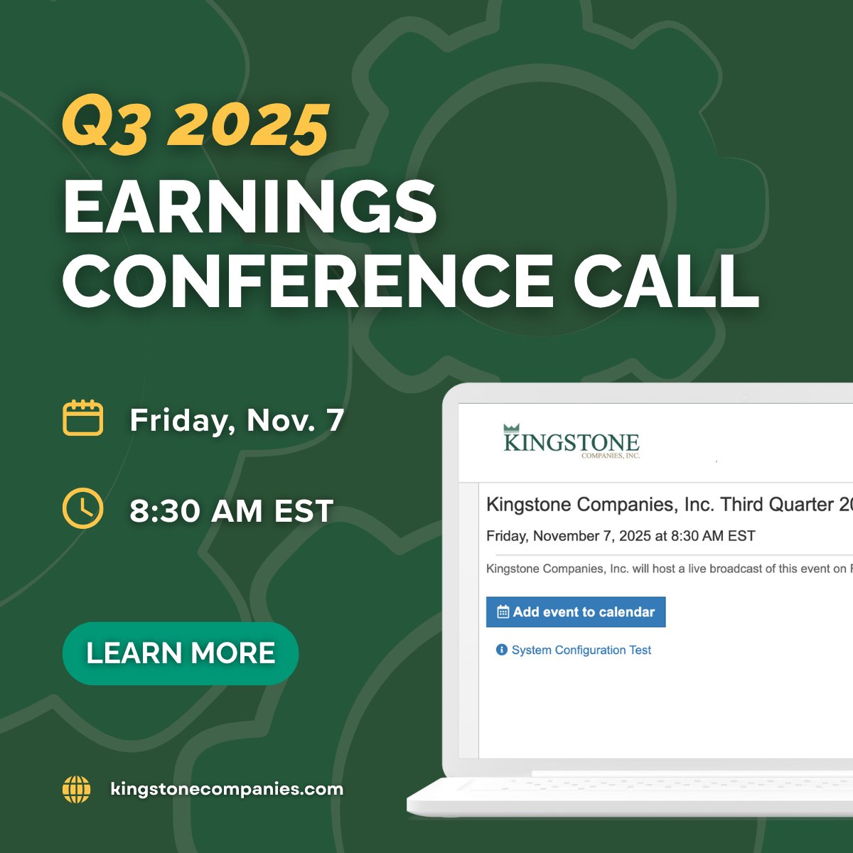 KingstoneKINS's tweet photo. #KINS Q3 2025 Earnings Conference Call has been scheduled for Friday, November 7 at 8:30 AM EST.

📅 Add to your calendar and join the live webcast: https://t.co/A3Ryc5bxkQ

📰 More details: https://t.co/VTrShdh9m7 https://t.co/W4YDdg7kQ2