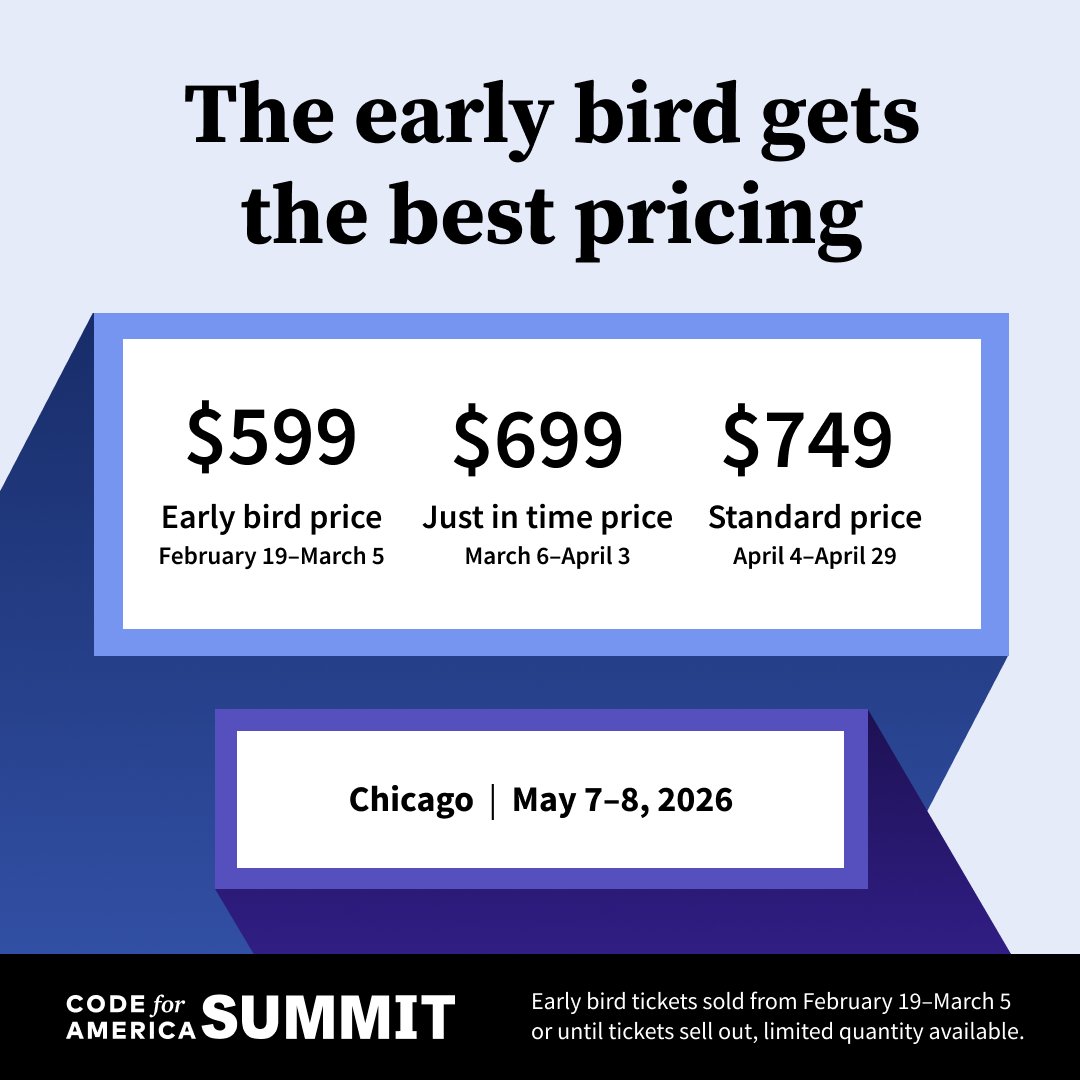 codeforamerica's tweet image. Save the date for 2026 Code for America Summit! Join us May 7-8, 2026 in Chicago, and experience panel discussions, keynotes, and interactive sessions. Let’s create the tomorrow we know is possible when we innovate today. bit.ly/3KZmCAW
#CfASummit #TheFutureWeBuild