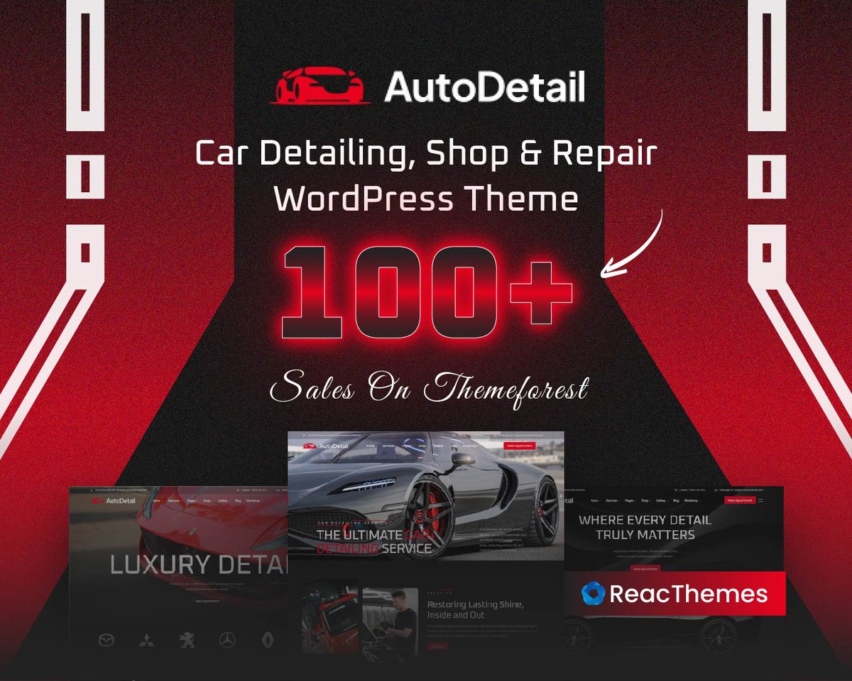 ReactTheme's tweet image. 🎉 Milestone Unlocked!
 AutoDetail – Car Detailing WordPress Theme just hit 100+ sales on ThemeForest! 🚗
Thank you for your trust & support 💪
👉 Get AutoDetail now: reactheme.com/products/wordp…
#WordPress #ThemeForest #AutoRepair #CarDetailing #WebDesign