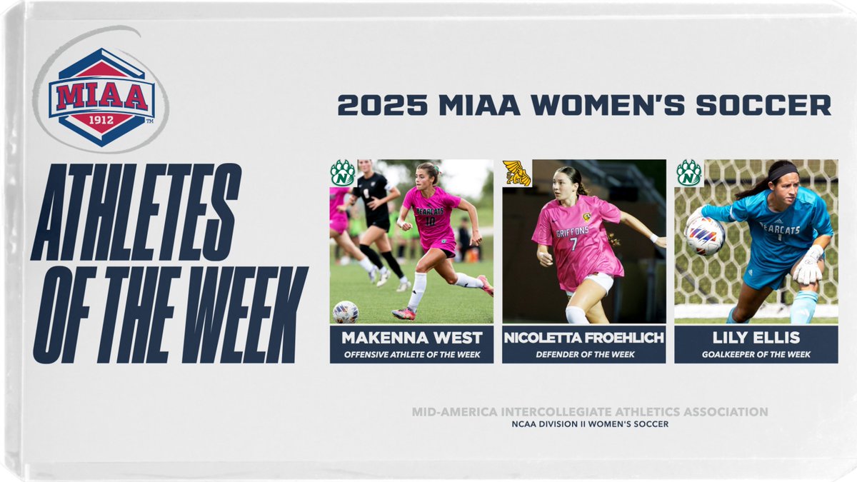 🆕🏅⚽️

The latest 𝙈𝙄𝘼𝘼 𝙒𝙊𝙈𝙀𝙉'𝙎 𝙎𝙊𝘾𝘾𝙀𝙍 𝘼𝙏𝙃𝙇𝙀𝙏𝙀𝙎 𝙊𝙁 𝙏𝙃𝙀 𝙒𝙀𝙀𝙆 just dropped ⤵️

Offensive - Makenna West, <a href="/NWBearcatSOC/">Northwest Bearcat Soccer</a>
Defender - Nicoletta Froehlich, <a href="/GriffonSoccer/">Griffon Soccer</a>
Goalkeeper - Lily Ellis, <a href="/NWBearcatSOC/">Northwest Bearcat Soccer</a>

📰 themiaa.com/news/2025/10/2…
#BringYourAGame